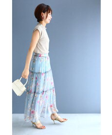 ▼▼(M~3L対応)「FRENCHPAVE」優しい水色に浮かぶ花のフェミニンなミディアムスカート8月2日20時販売新作