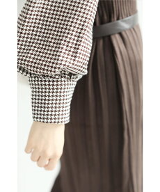 (S~L対応)千鳥格子袖のプリーツニットミニワンピース