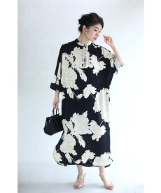 ☆☆(S~3L対応)(黒)凛とした大人の花柄ミディアムワンピース