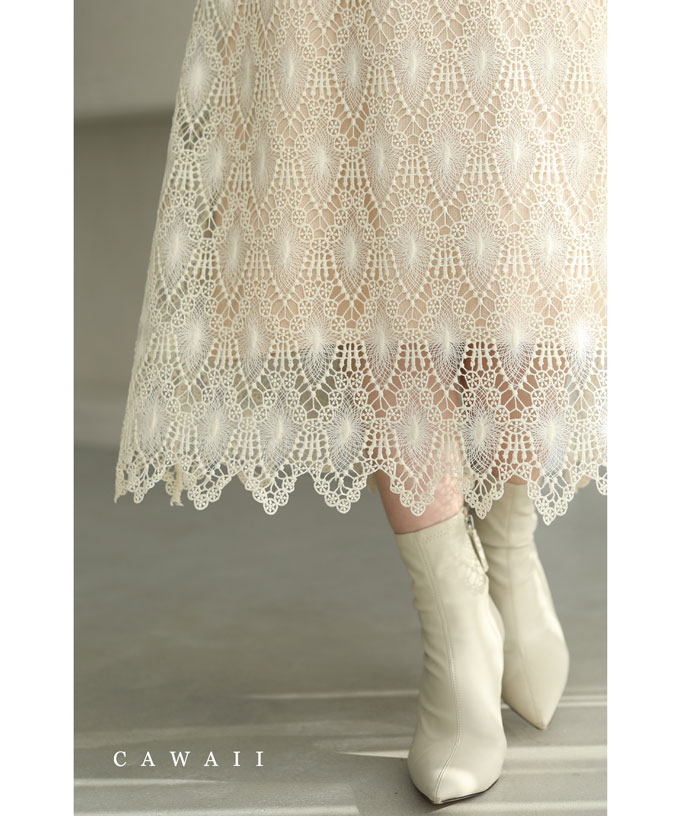 （S~L対応）アンティークな装飾レースのミディアムスカート