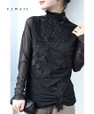 (S~M対応)(黒)浮かぶ黒花のドレープシアーカットソートップス
