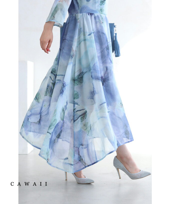 【再入荷♪4/7 12時&20時】（S~M対応）透明感溢れる水彩花シアーベールミディアムワンピースのサムネイル