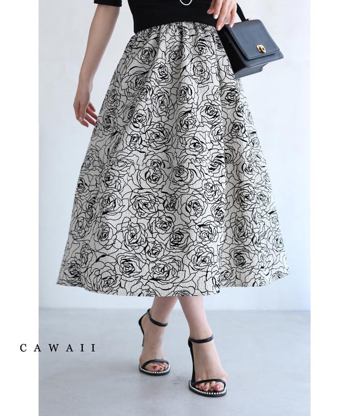 【再入荷♪4/22 12時&20時】（S~3L対応）線画の花咲くふくれ織りミディアムスカートのサムネイル