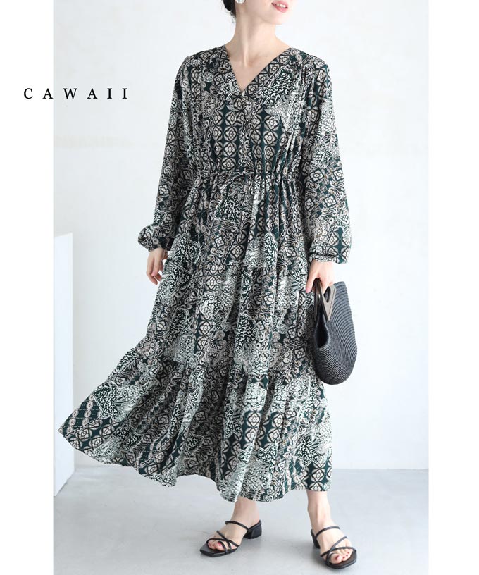 【再入荷♪2/10 12時&20時】（S~3L対応）エスニックな風吹く重ね柄ミディアムワンピースのサムネイル