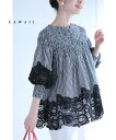 【再入荷♪3/19 20時】(S~3L対応)ギンガムチェックとレースのマリアージュブラウストップス