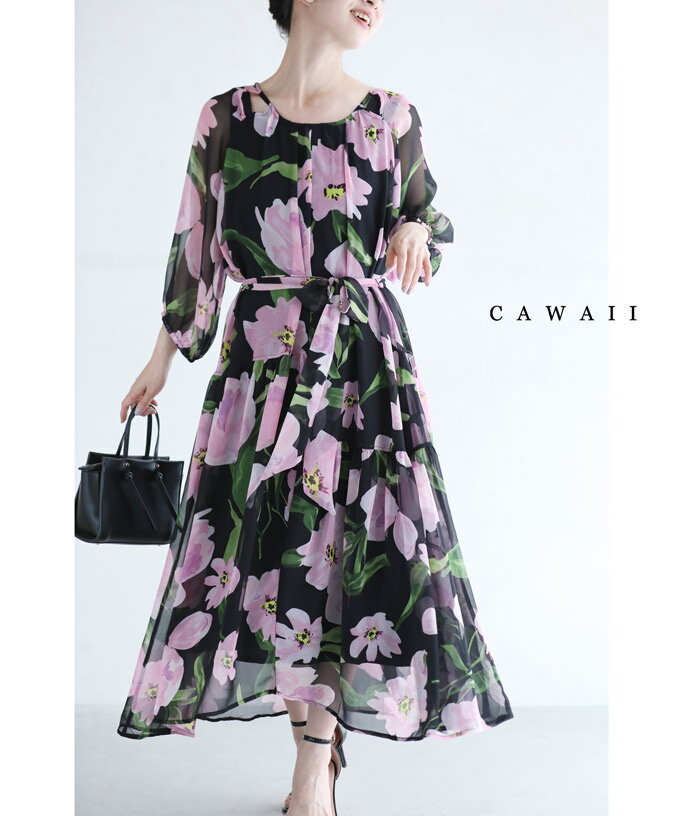 （S~3L対応）（リボン付き）（黒）優美な花咲くアシンメトリーシアーミディアムワンピースのサムネイル