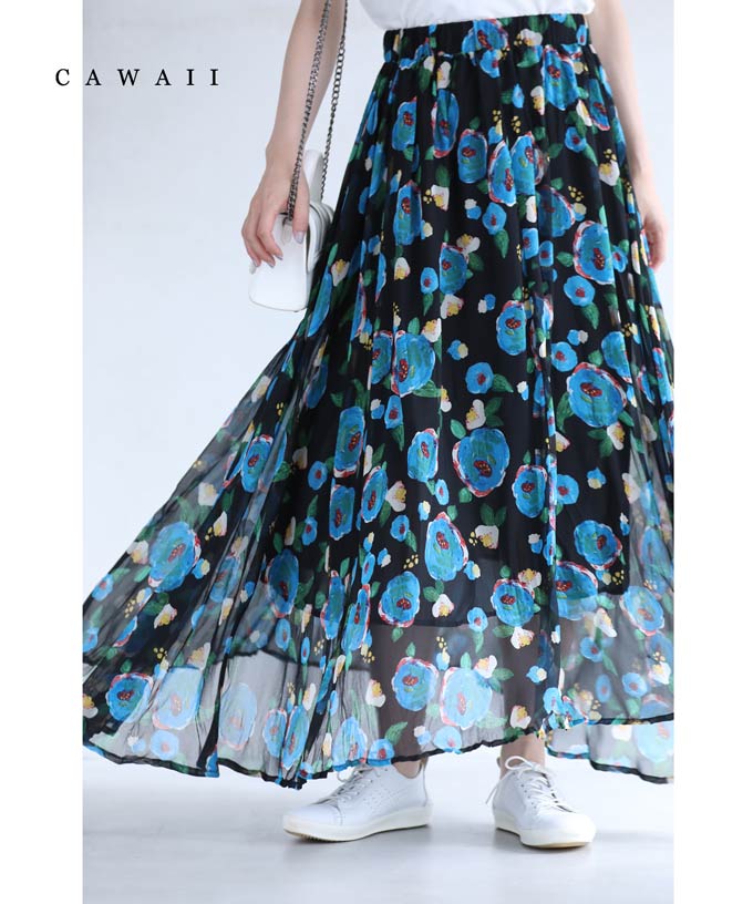 （S~3L対応）色彩豊かに描くまあるい花画シアーロングスカートのサムネイル