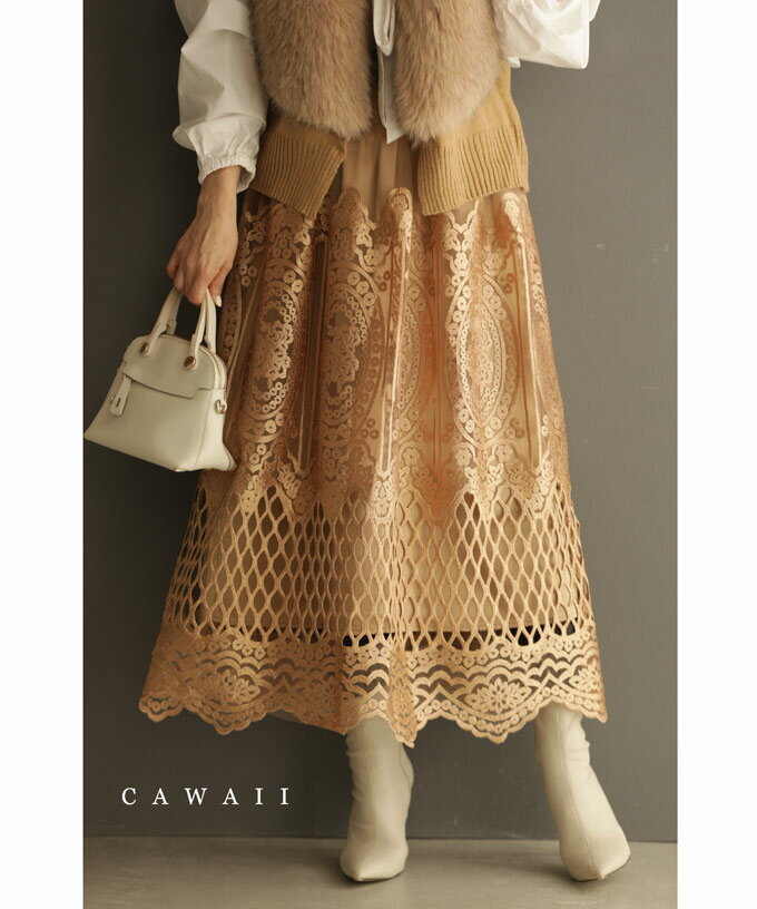 【再入荷♪2/19 12時&20時】（S~L対応）チュールに浮かぶエレガントなレース刺繍ミディアムスカートのサムネイル