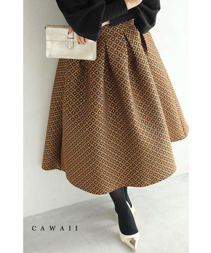 （S~2L対応）ビスケットフラワーのジャガードミディアムスカートのサムネイル