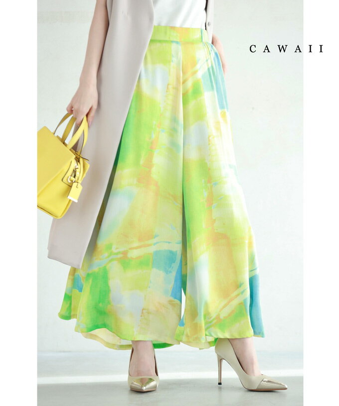 【再入荷♪3/31 12時&20時】（S~2L対応）風舞い込むエアリーな水彩アートワイドパンツのサムネイル