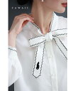 【再入荷♪3/19 20時】(S~L対応)黒猫ワンポイントのリボンタイブラウストップス