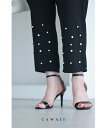 【再入荷♪3/16 20時】(S~L対応)(黒)裾に艶めくパールビジューのテーパードパンツ