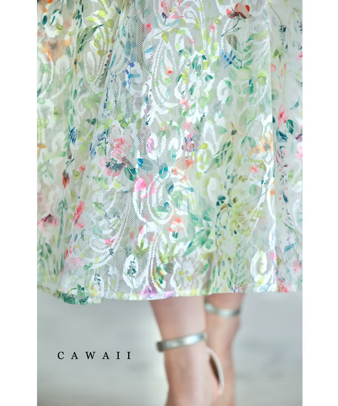 （S~L対応）キャンディーカラーに色づく花レースミディアムスカートのサムネイル