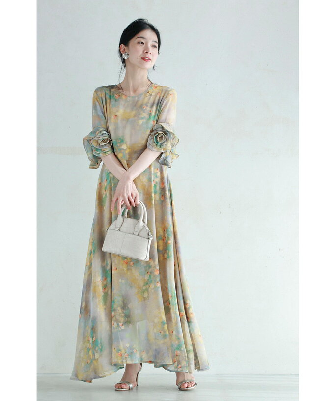 （M対応）光に包まれるガーデンの花袖ロングワンピース