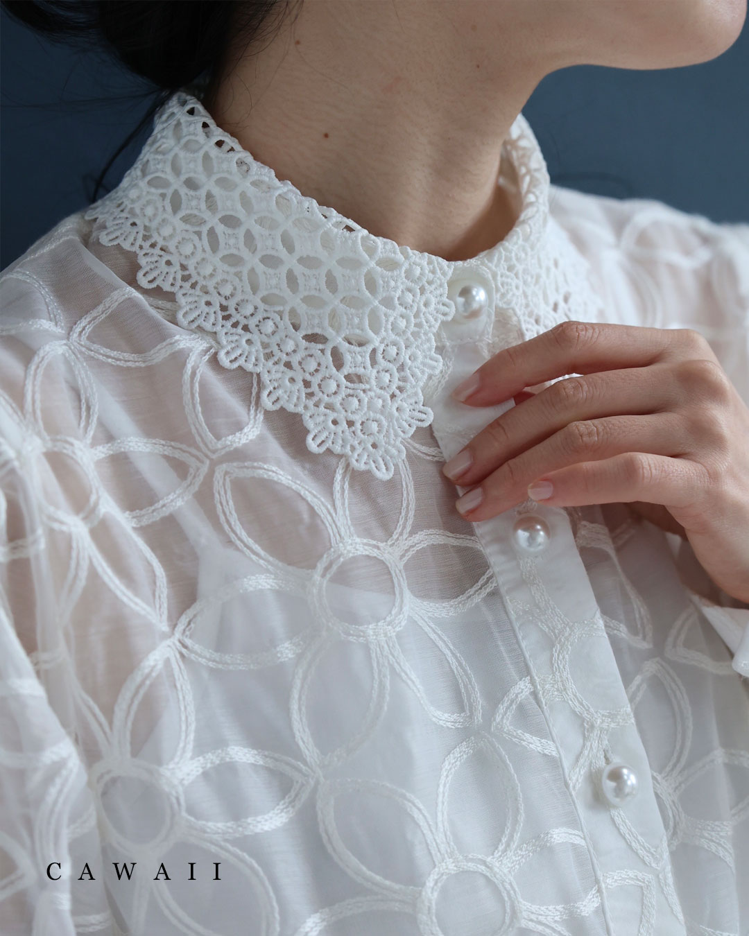 【再入荷♪4/13 20時】（S~L対応）花刺繍が咲き広がるレース襟シアーブラウス（インナー付き）【set】のサムネイル