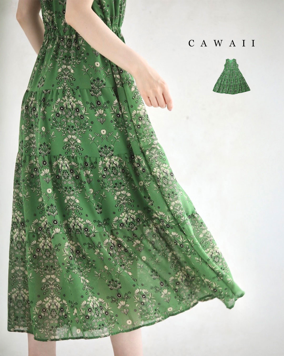 【再入荷♪7/9 20時】（S~2L対応）小花柄プリントの夏草ミディアムワンピースのサムネイル