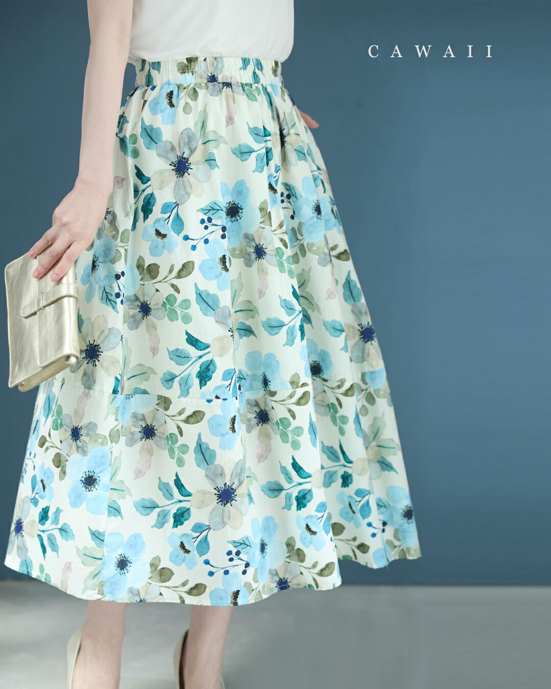 （S~L対応）柔らかなタッチで描く可愛いお花のミディアムスカートのサムネイル