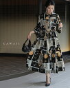 (S~2L対応)ヴィンテージスカーフ柄ティアードミディアムワンピース(紐ベルト付き)
