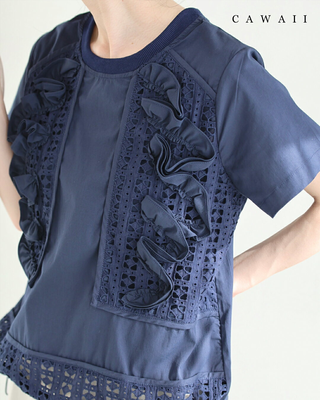 乐天商城 - 【再入荷♪6/1 20時】（S~L対応）（濃紺）フリル飾りのパンチングレースブラウストップス
