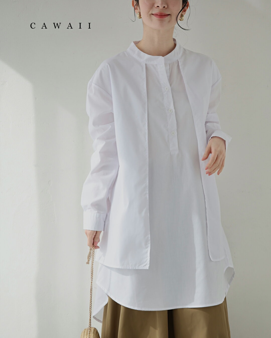 乐天商城 - 【再入荷♪5/14 20時】（S~L対応）クリーンなホワイトの重なりデザインシャツチュニック