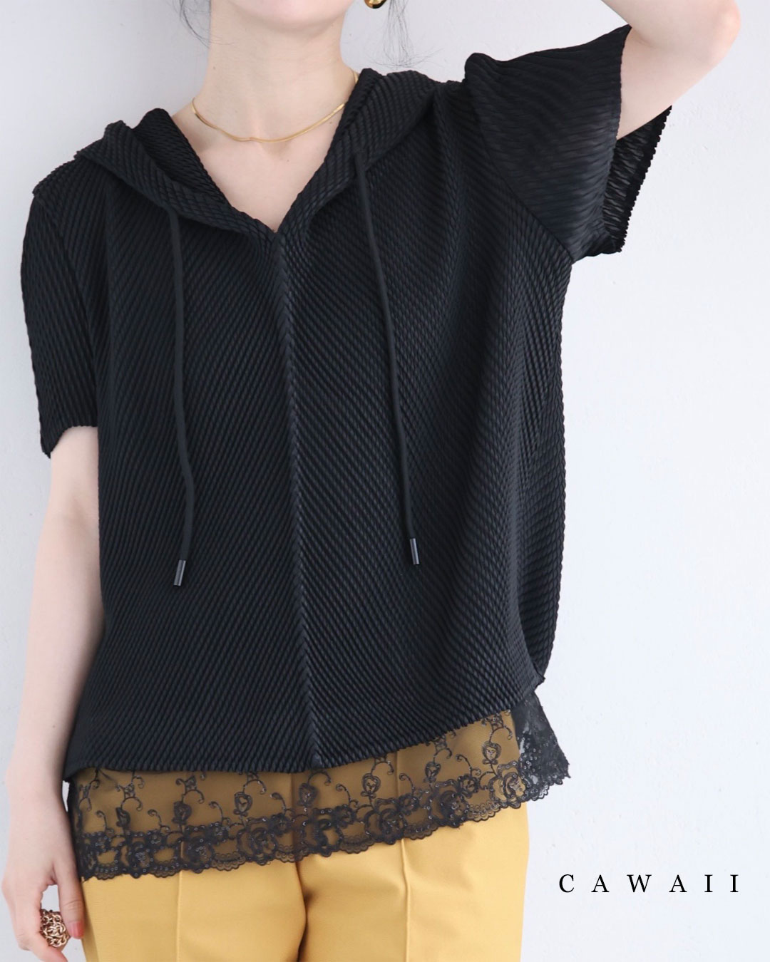 乐天商城 - （S~2L対応）（黒）刺繍ベール裾のプリーツカットソートップス