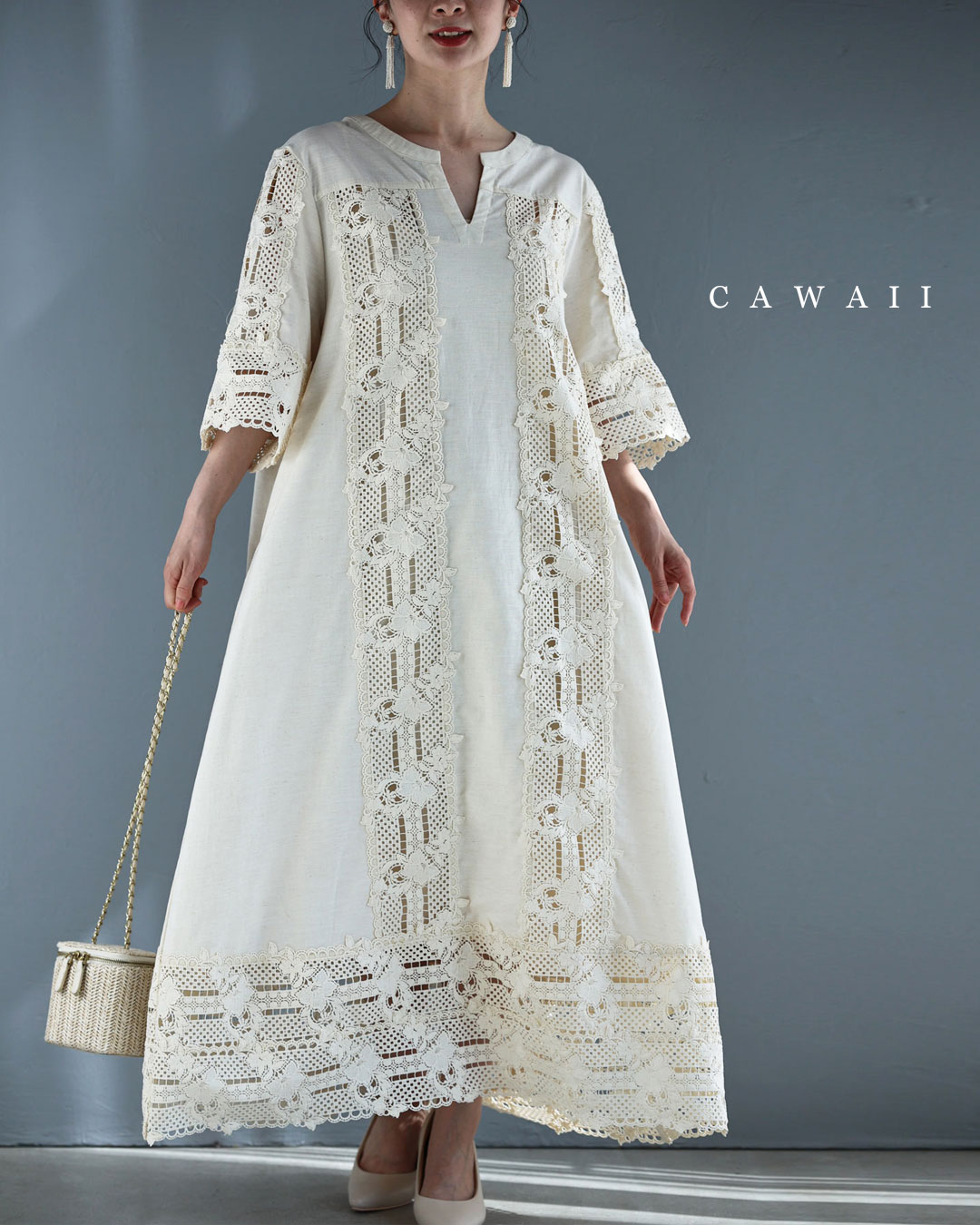 （S~2L対応）連なる花が流れるレースロングワンピース（インナー付き）（楽天・cawaii）