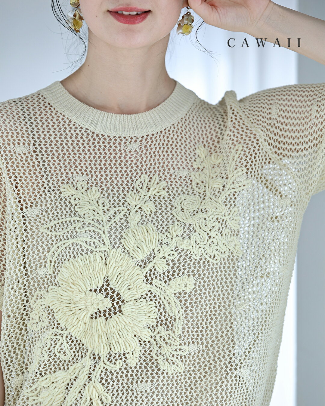 乐天商城 - モールの花刺繍浮かぶメッシュカットソートップス