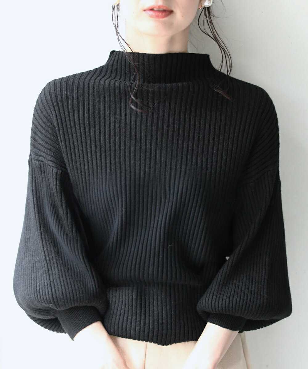 S〜L/2L〜3L 対応(ブラック)「FRENCHPAVE」■■袖ポワンとオフネックのニットトップス(メール便不可)ポワン袖