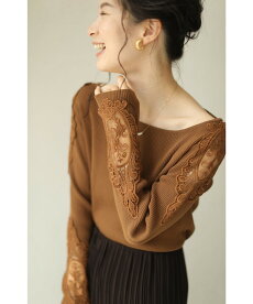 ▼▼S〜L/2L〜3L(ブラウン)「FRENCHPAVEオリジナル」美しく透ける肩レースのクルーネックニットトップスS/M/L/2L/3L11月12日22時販売新作