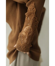 S〜L/2L〜3L対応(ブラウン)「FRENCHPAVEオリジナル」美しく透ける肩レースのボートネックニットトップス11月12日22時販売新作