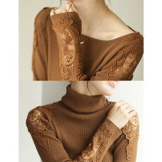 S〜L/2L〜3L対応(ブラウン)「FRENCHPAVEオリジナル」美しく透ける肩レースのボートネックニットトップス11月12日22時販売新作