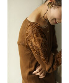 S〜L/2L〜3L対応(ブラウン)「FRENCHPAVEオリジナル」美しく透ける肩レースのボートネックニットトップス11月12日22時販売新作