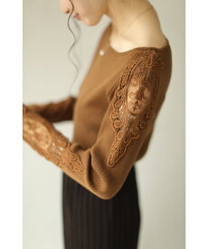 S〜L/2L〜3L対応(ブラウン)「FRENCHPAVEオリジナル」美しく透ける肩レースのボートネックニットトップス11月12日22時販売新作