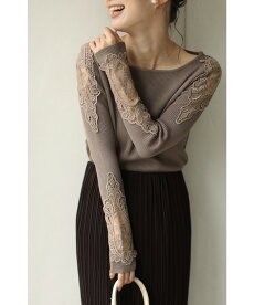 ▼▼S〜L/2L〜3L(モカ)「FRENCHPAVEオリジナル」美しく透ける肩レースのクルーネックニットトップスS/M/L/2L/3L11月12日22時販売新作