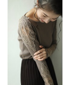 S〜L/2L〜3L対応(モカ)「FRENCHPAVEオリジナル」美しく透ける肩レースのボートネックニットトップス11月12日22時販売新作