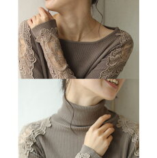 S〜L/2L〜3L対応(モカ)「FRENCHPAVEオリジナル」美しく透ける肩レースのボートネックニットトップス11月12日22時販売新作