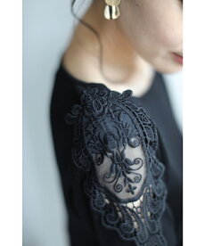 ▼▼S〜L/2L〜3L(ブラック)「FRENCHPAVEオリジナル」(黒)美しく透ける肩レースのクルーネックニットトップスS/M/L/2L/3L11月12日22時販売新作