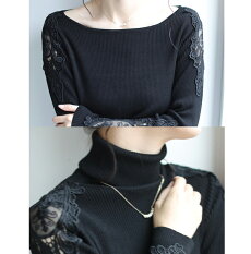 S〜L/2L〜3L対応(ブラック)「FRENCHPAVEオリジナル」(黒)美しく透ける肩レースのボートネックニットトップス11月12日22時販売新作