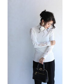 S〜L/2L〜3L(ホワイト)「FRENCHPAVEオリジナル」肩レースニット肩と袖の透けレース。タートルネックカットソートップスS/M/L/2L/3L11月12日22時販売新作