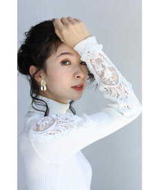 S〜L/2L〜3L(ホワイト)「FRENCHPAVEオリジナル」肩レースニット肩と袖の透けレース。タートルネックカットソートップスS/M/L/2L/3L11月12日22時販売新作