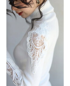 S〜L/2L〜3L(ホワイト)「FRENCHPAVEオリジナル」肩レースニット肩と袖の透けレース。タートルネックカットソートップスS/M/L/2L/3L11月12日22時販売新作