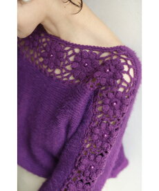 ▼▼(パープル)「frenchpave」【オリジナルカラー】流れ咲く花コサージュのニットトップス11月29日22時販売新作