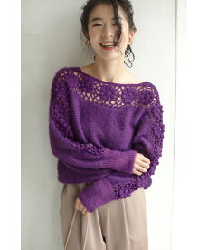 ▼▼(パープル)「frenchpave」【オリジナルカラー】流れ咲く花コサージュのニットトップス11月30日22時販売新作