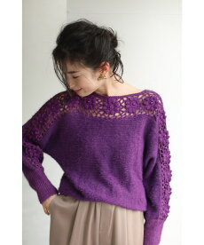 ▼▼(パープル)「frenchpave」【オリジナルカラー】流れ咲く花コサージュのニットトップス11月30日22時販売新作