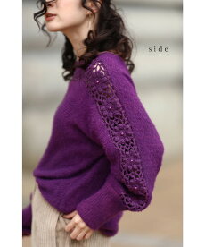 ▼▼(パープル)「frenchpave」【オリジナルカラー】流れ咲く花コサージュのニットトップス11月30日22時販売新作