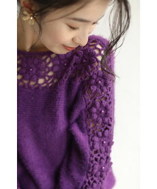 ▼▼(パープル)「frenchpave」【オリジナルカラー】流れ咲く花コサージュのニットトップス11月30日22時販売新作