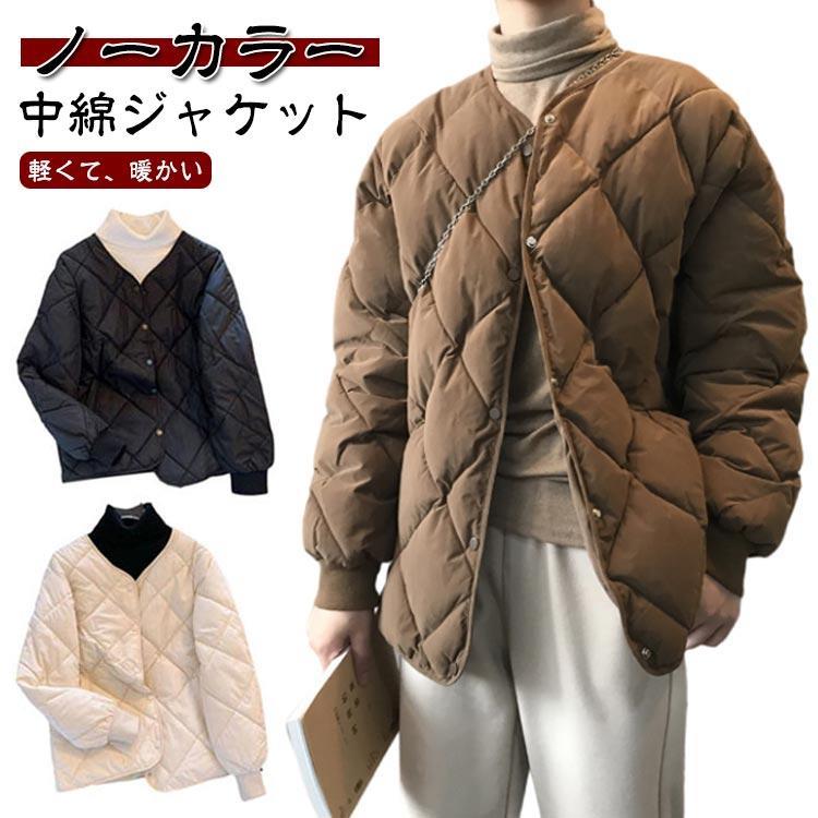ノーカラー格模様中綿ジャケットレデ...