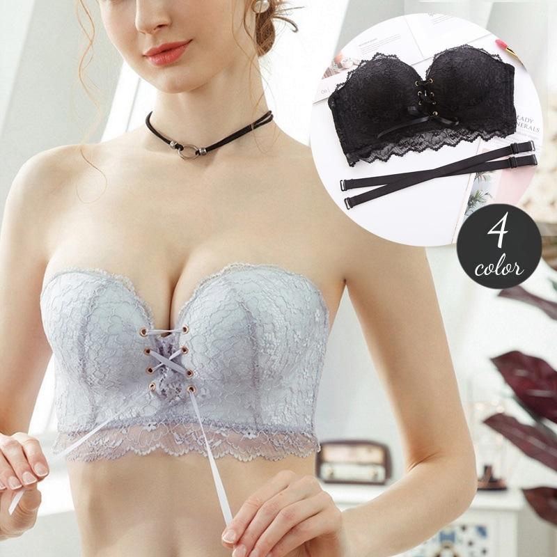 ストラップレスブラ ブラジャー 2way レディース 1/2カップ レース リボン 厚手ブラパッド 肩紐なし ハーフカップブラ インナー 女性下着 ド