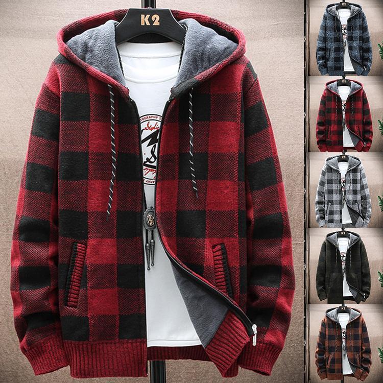 カーディガン ニットセーター メンズ パーカー 防寒ジャケット 厚手 裏起毛 チェック柄 秋物 アウター