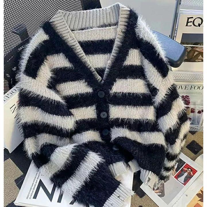 シャギーニットボーダー柄カーディガ...